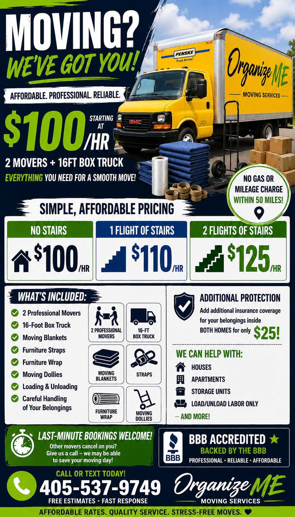 Organize Me moving services flyer with pricing and included services